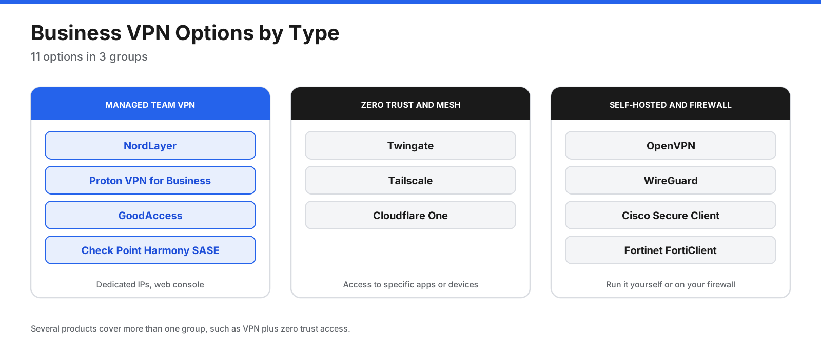 Business VPN options grouped by type: managed team VPN services include NordLayer, Proton VPN for Business, GoodAccess, and Check Point Harmony SASE; zero trust and mesh access tools include Twingate, Tailscale, and Cloudflare One; self-hosted and firewall-based options include OpenVPN, WireGuard, Cisco Secure Client, and Fortinet FortiClient