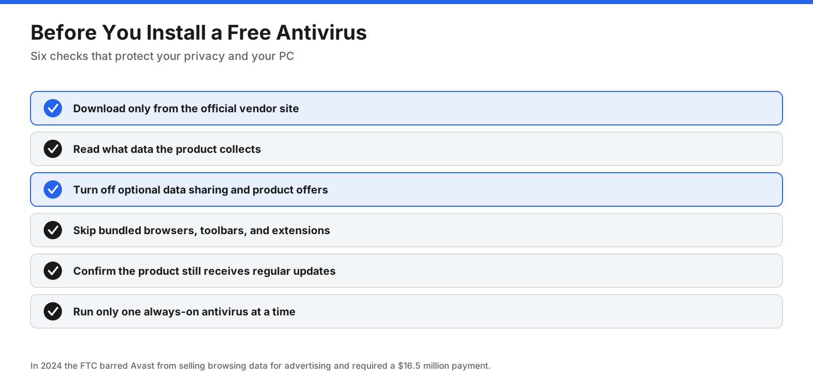 Before installing free antivirus, download from the official vendor, read data collection terms, disable optional sharing, avoid unwanted bundles, confirm updates, and run only one always-on antivirus.