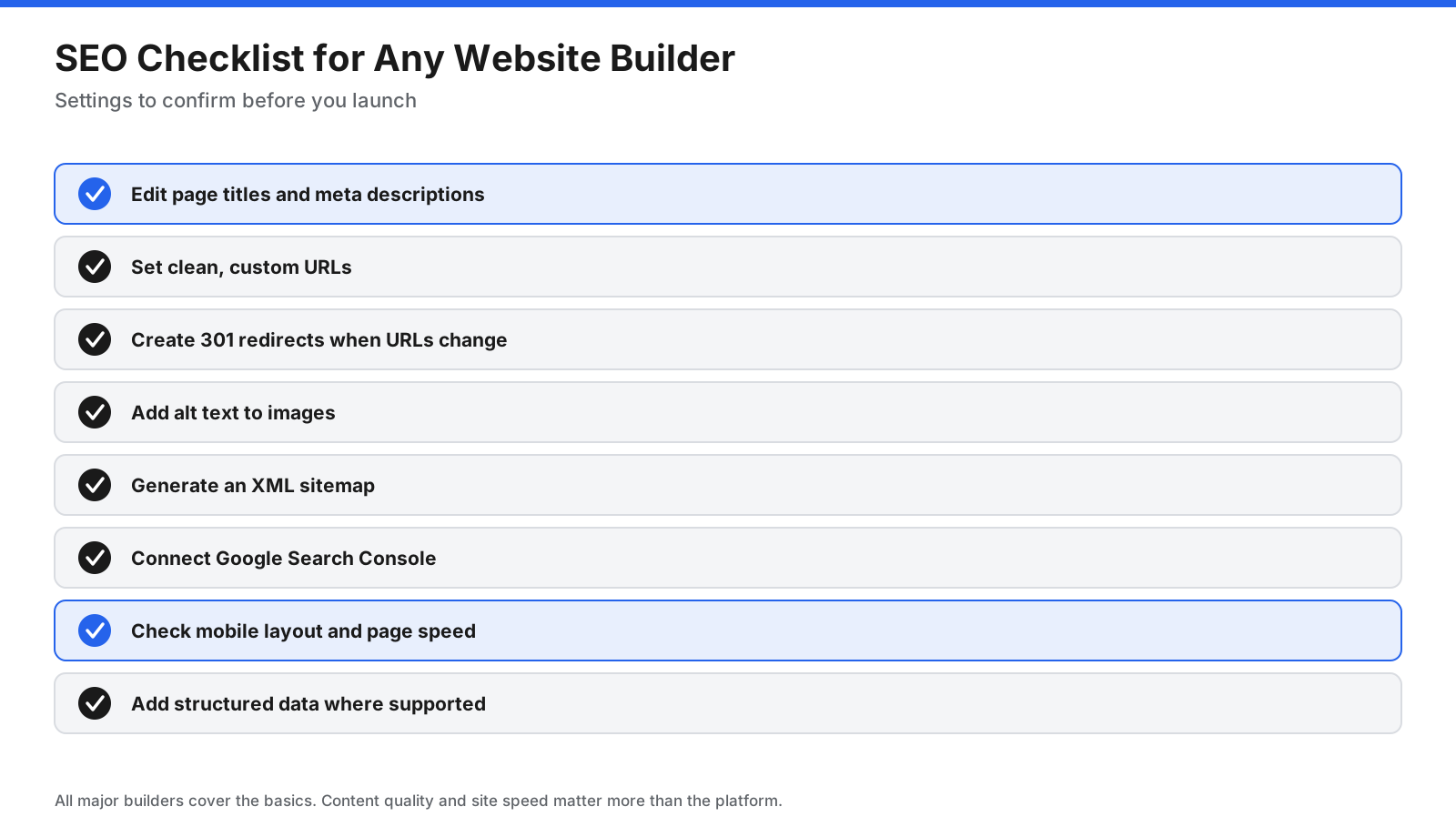 SEO checklist for any website builder: edit page titles and meta descriptions, set clean custom URLs, create 301 redirects, add alt text to images, generate an XML sitemap, connect Google Search Console, check mobile layout and page speed, and add structured data where supported