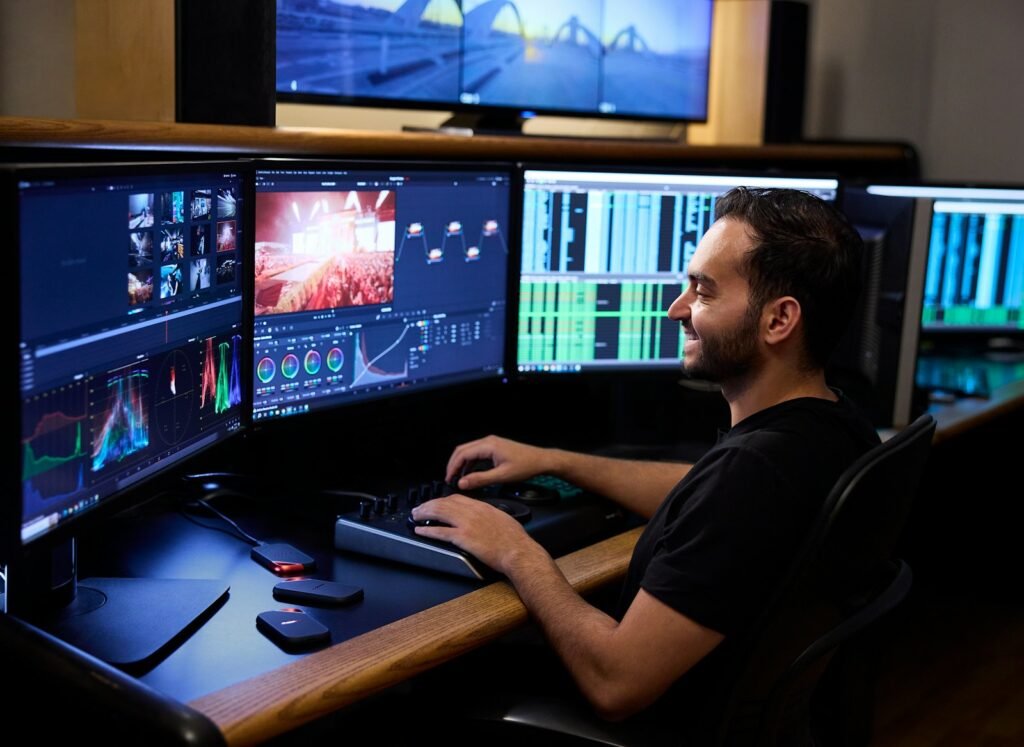 Video editor working at a computer workstation with multiple monitors