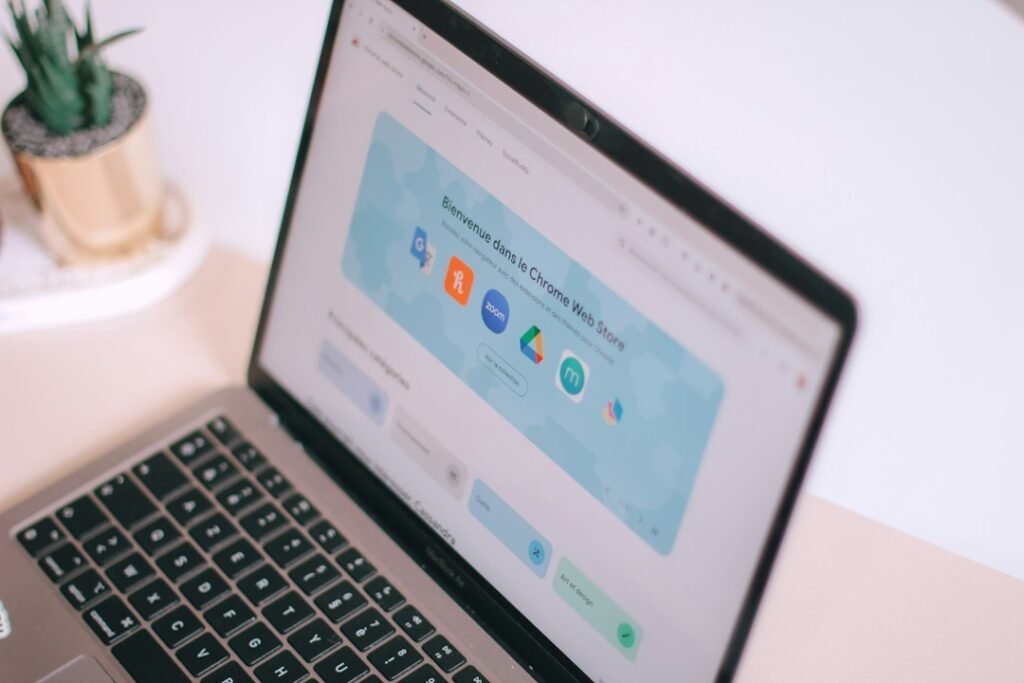 Laptop workspace representing productivity extensions for Chrome